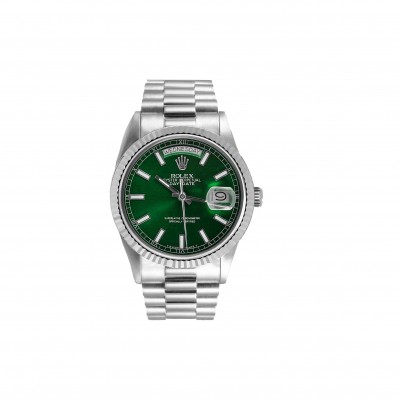 ROLEX DAY-DATE 18K WHITE GOLD - GREEN STICK DIAL 36MM WATCH 118239