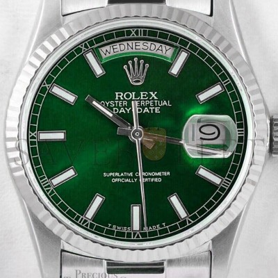 ROLEX DAY-DATE 18K WHITE GOLD - GREEN STICK DIAL 36MM WATCH 118239
