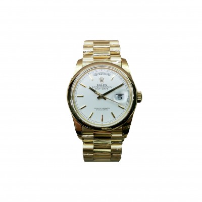 ROLEX DAY-DATE WHITE DIAL GOLD DOMED BEZEL 36MM WATCH 118208