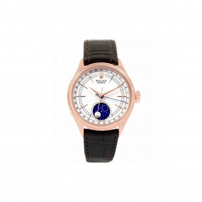 ROLEX CELLINI MOONPHASE WHITE 18K ROSE GOLD LEATHER EVEROSE 39MM WATCH 50535