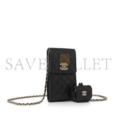 CHANEL BLACK QUILTED CAVIAR CC PHONE CLUTCH WITH POUCH GOLD HARDWARE (18.5*10*2.5cm) 