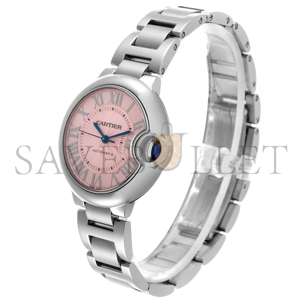 CARTIER BALLON BLEU MIDSIZE STEEL PINK DIAL LADIES 36MM WATCH W6920041