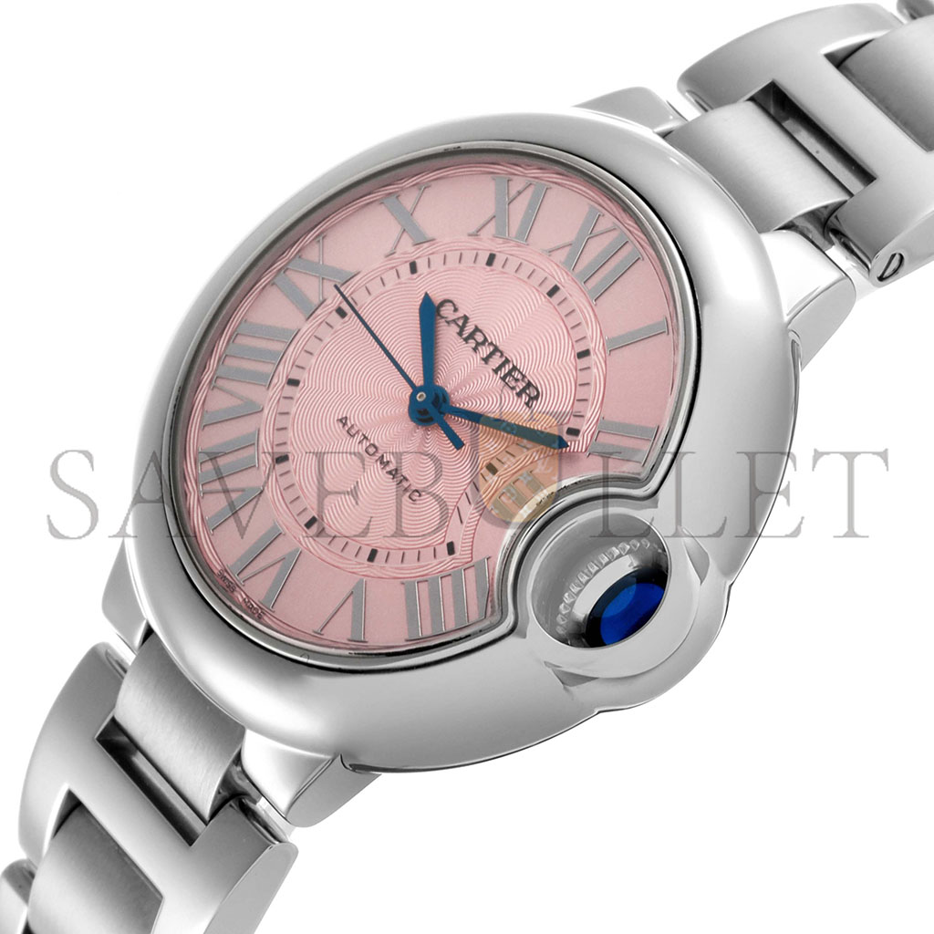 CARTIER BALLON BLEU MIDSIZE STEEL PINK DIAL LADIES 36MM WATCH W6920041
