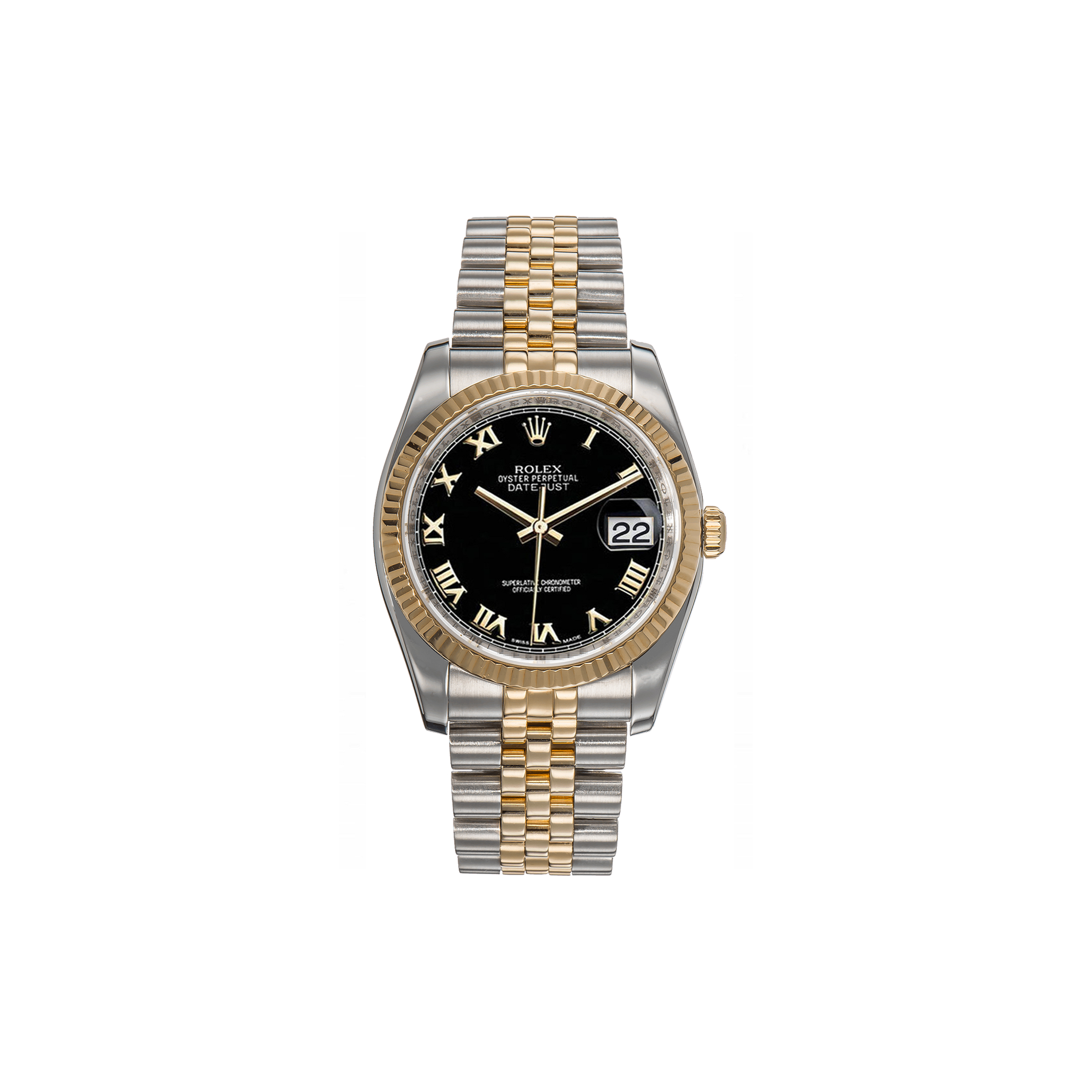 ROLEX DATEJUST FLUTED BEZEL BLACK ROMAN DIAL 36MM WATCH 116233