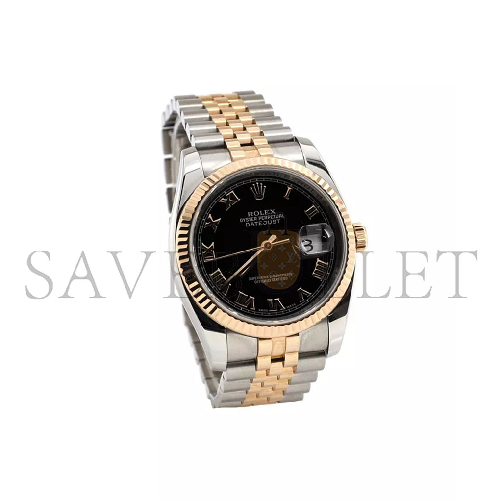 ROLEX DATEJUST FLUTED BEZEL BLACK ROMAN DIAL 36MM WATCH 116233