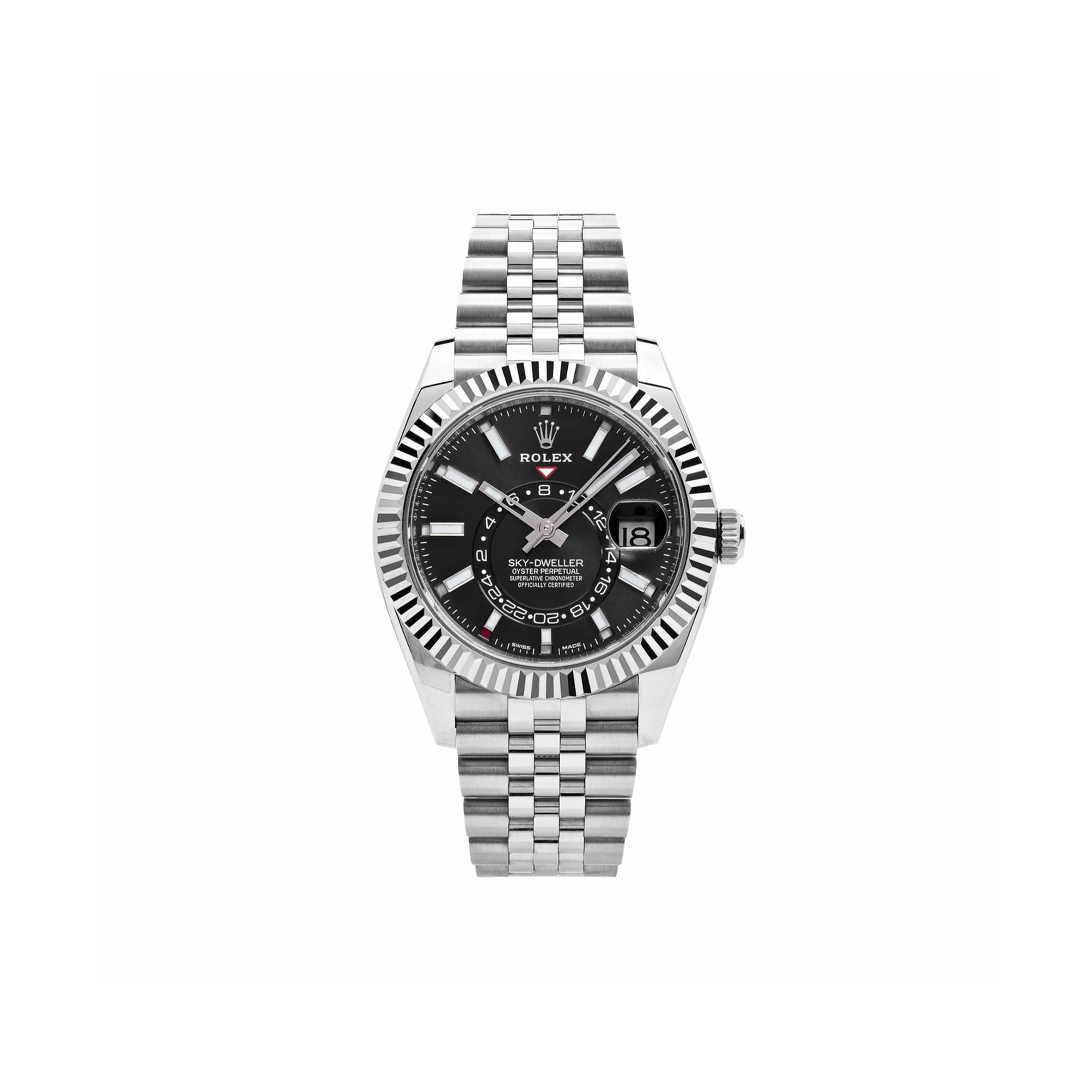 ROLEX SKY-DWELLER STAINLESS STEEL BLACK DIAL JUBILEE 42MM WATCH 326934
