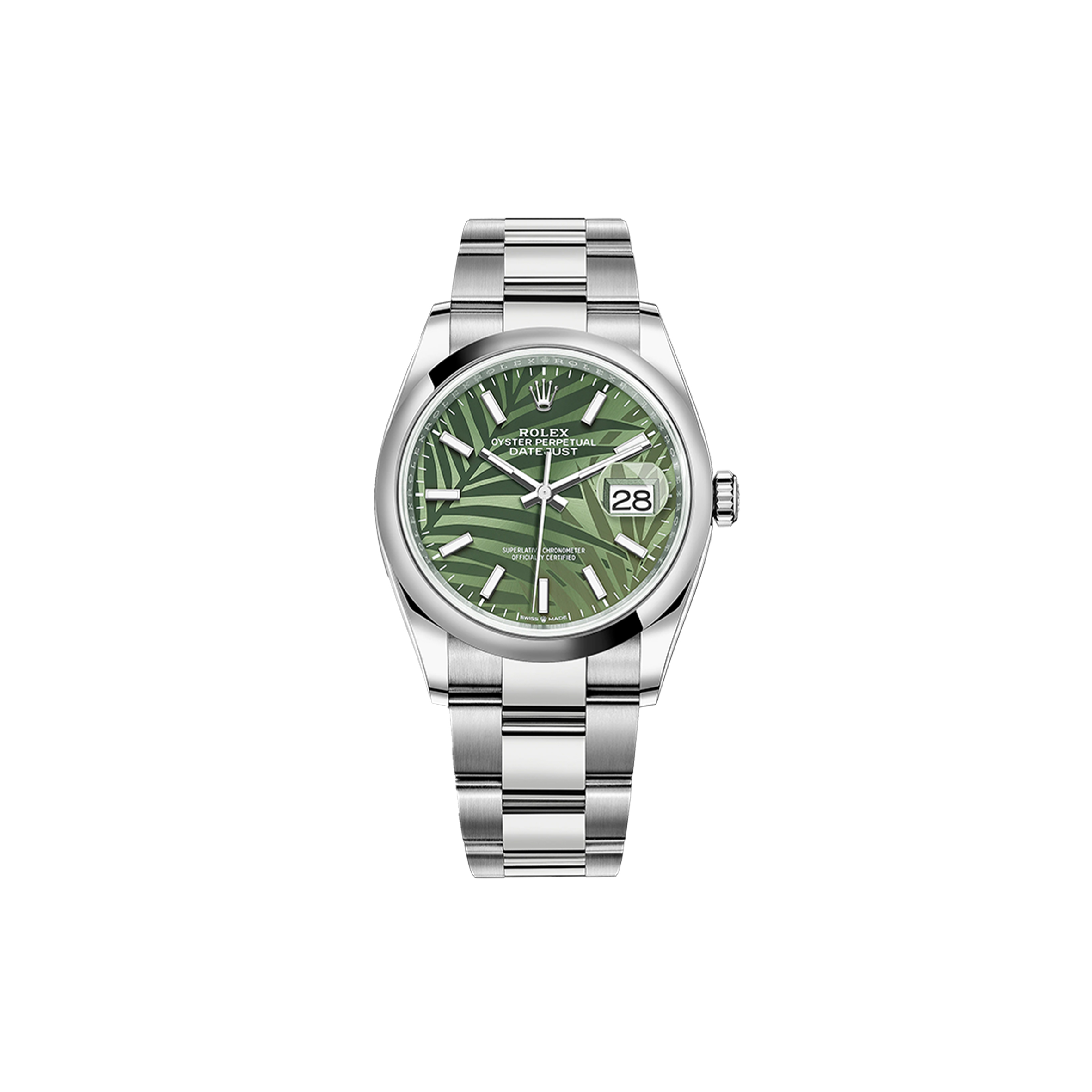 ROLEX DATEJUST OLIVE GREEN PALM PATTERN 36MM WATCH 126200
