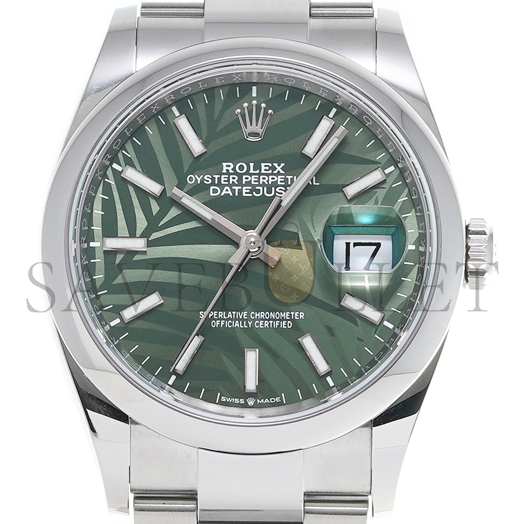 ROLEX DATEJUST OLIVE GREEN PALM PATTERN 36MM WATCH 126200