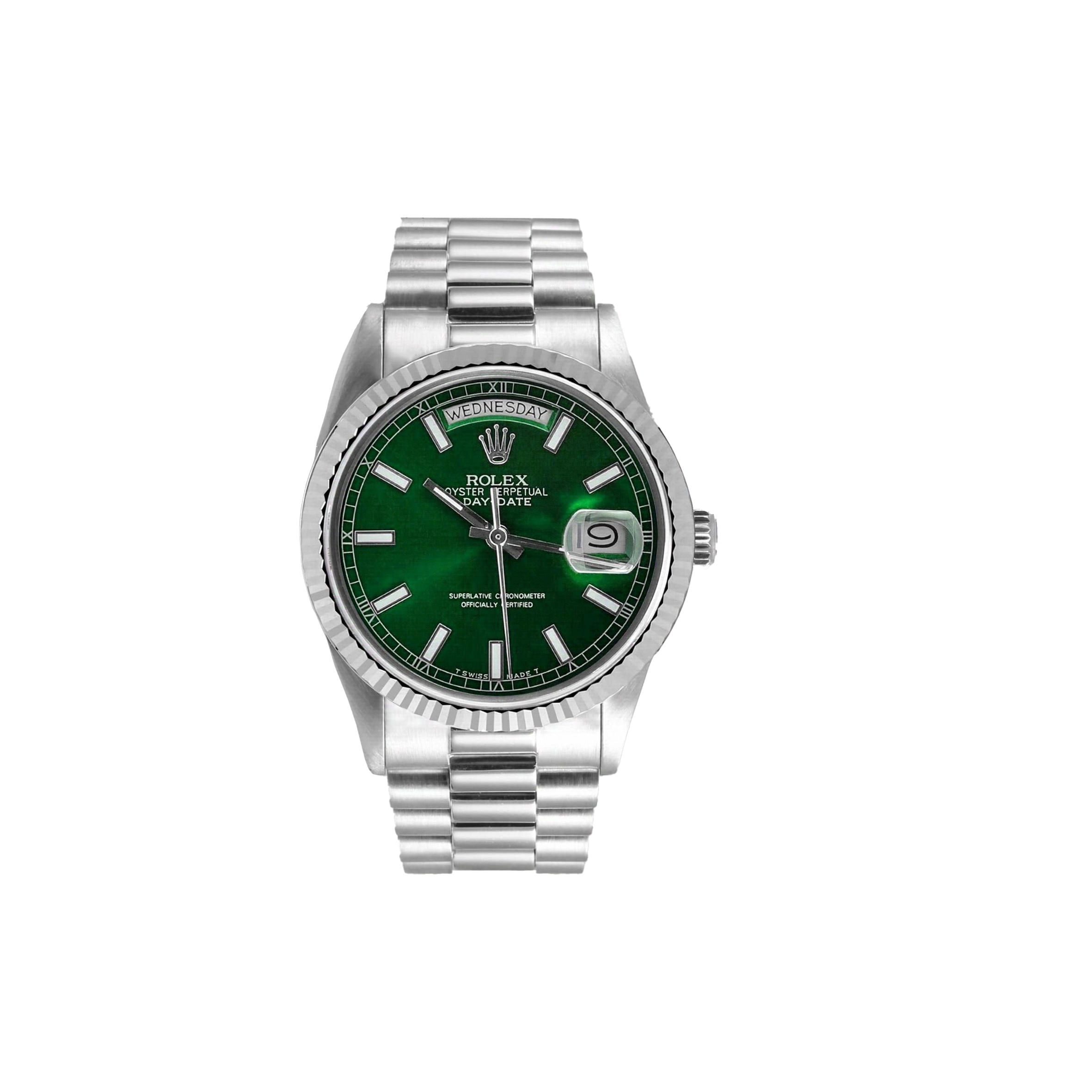 ROLEX DAY-DATE 18K WHITE GOLD - GREEN STICK DIAL 36MM WATCH 118239