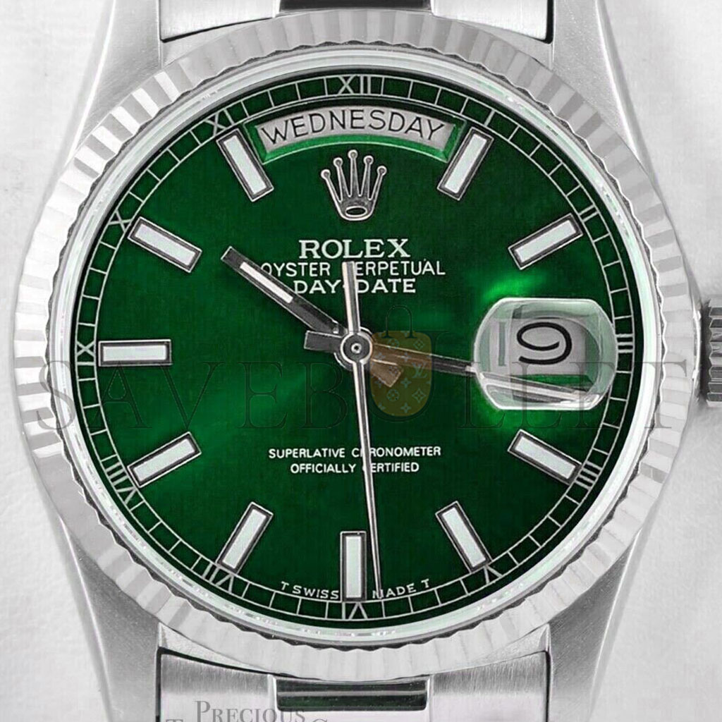 ROLEX DAY-DATE 18K WHITE GOLD - GREEN STICK DIAL 36MM WATCH 118239