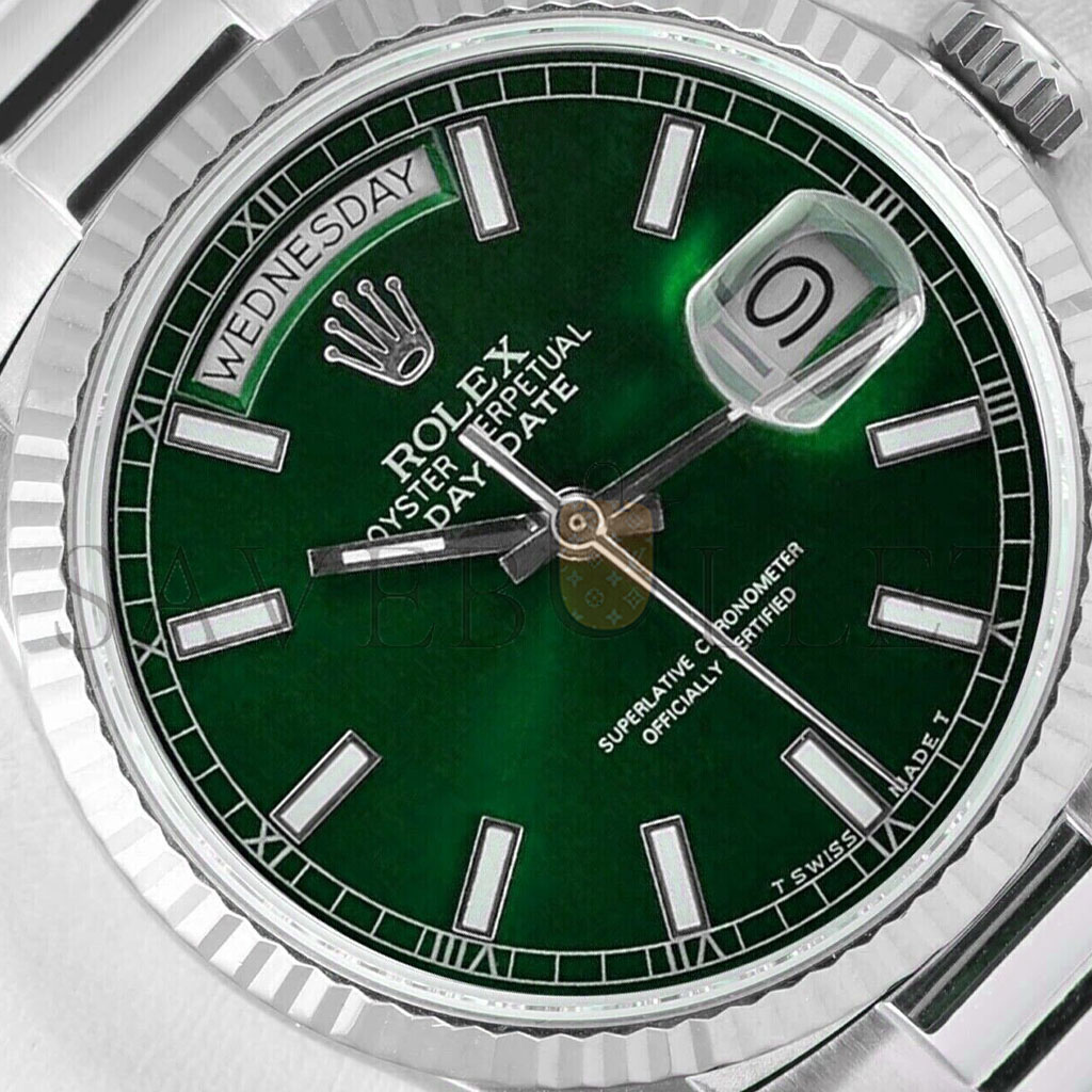 ROLEX DAY-DATE 18K WHITE GOLD - GREEN STICK DIAL 36MM WATCH 118239