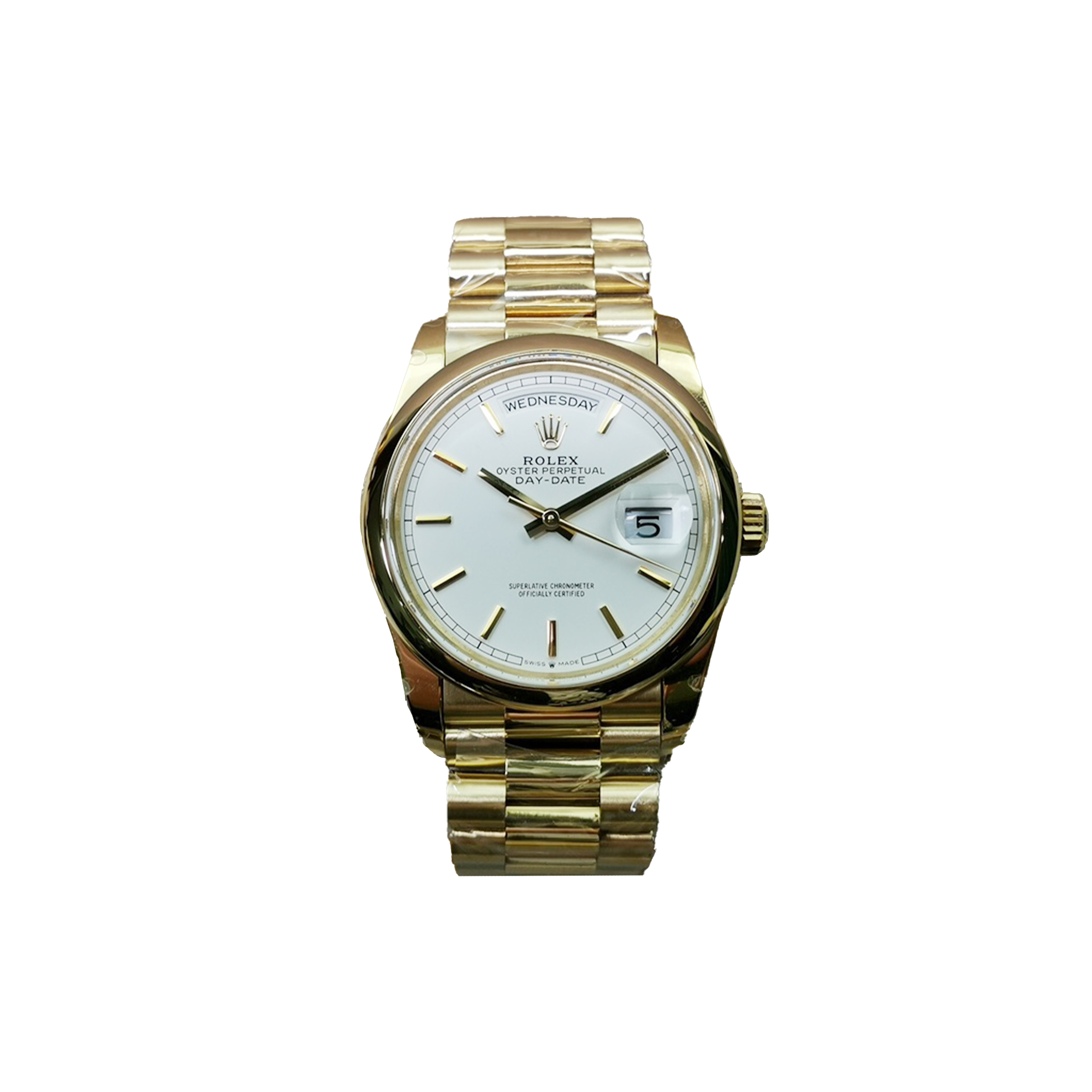 ROLEX DAY-DATE WHITE DIAL GOLD DOMED BEZEL 36MM WATCH 118208