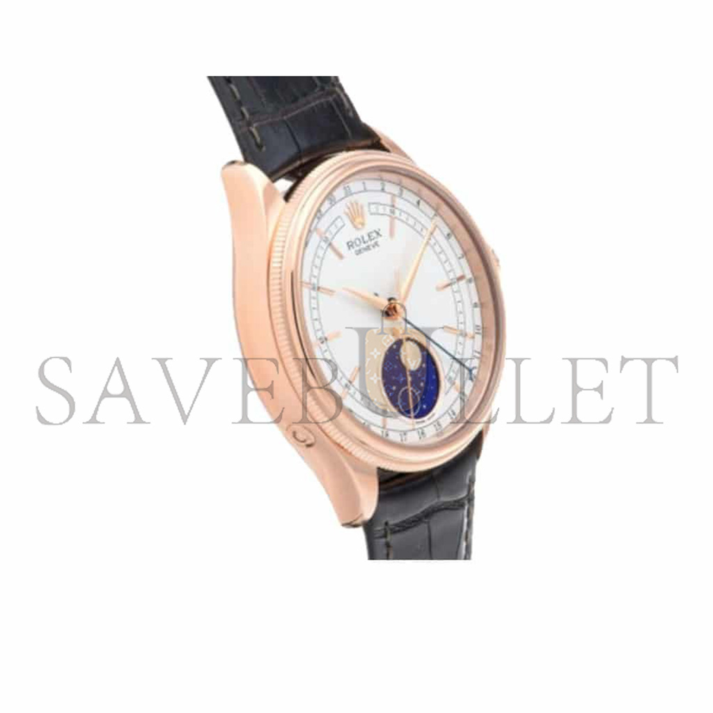 ROLEX CELLINI MOONPHASE WHITE 18K ROSE GOLD LEATHER EVEROSE 39MM WATCH 50535