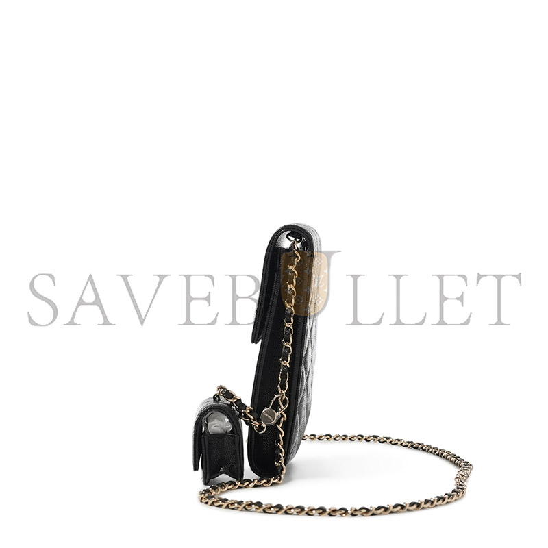 CHANEL BLACK QUILTED CAVIAR CC PHONE CLUTCH WITH POUCH GOLD HARDWARE (18.5*10*2.5cm) 