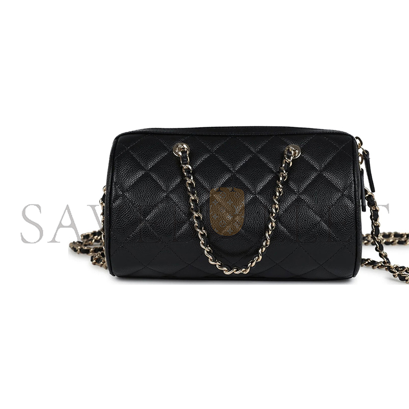 CHANEL MINI TIMELESS CLASSIC BARREL BAG WITH CHAIN BLACK SHINY CAVIAR LIGHT GOLD HARDWARE AS0932 (18*13*10cm)